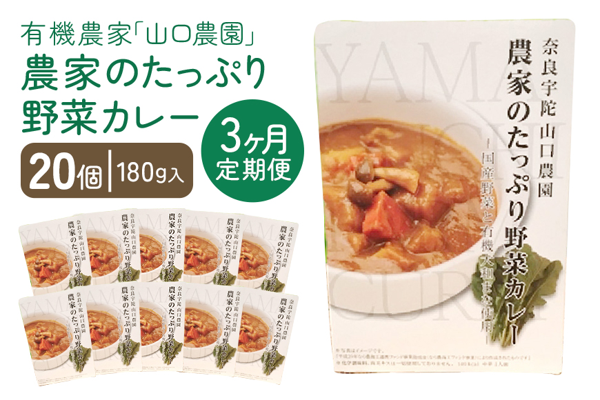 定期便 ３ヶ月 農家のたっぷり野菜カレー ２０個 月１回 ／ 山口農園 有機野菜 オーガニック 伝統野菜 レトルト 詰め合わせ ギフト カレーセット スパイス 飯 キャンプお取り寄せ 奈良県 宇陀市 
