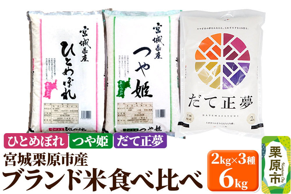 
            【ブランド米・食べ比べ】宮城県栗原産 ひとめぼれ・つや姫・だて正夢 令和6年産 白米 2kg×3品種
          