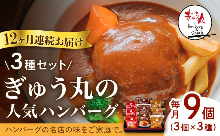 【12回定期便】〈メディア紹介多数〉ぎゅう丸の人気ハンバーグ 3種 バラエティ セット 総計108個【ぎゅう丸】 [NCQ103] ハンバーグ 名店 デミシチュー 和風 オニオン 食べくらべ ギフト