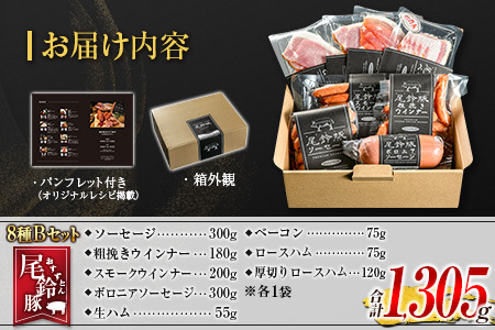 【PREMIUM PORK】 尾鈴豚 ハム ソーセージ 詰め合わせ 合計1,305g 8種 Bセット 宮崎県産