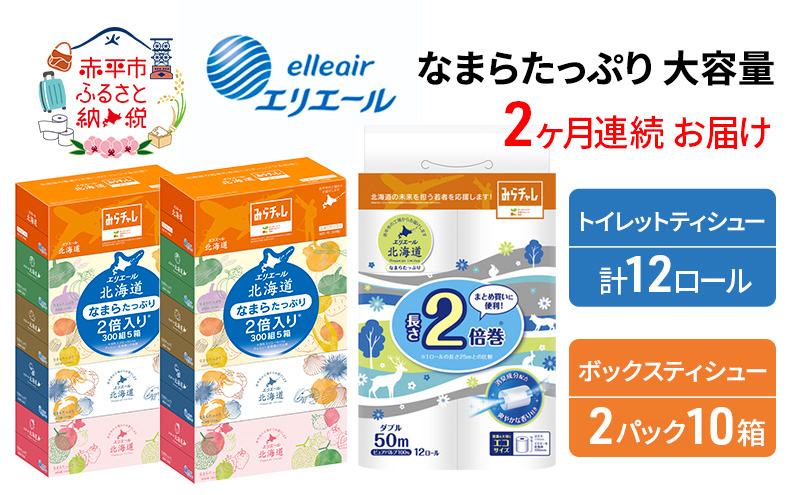 定期便 2ヵ月連続お届け エリエール [アソートL] なまらたっぷり 大容量 トイレットペーパー ティッシュ トイレ ボックスティッシュ 防災 常備品 備蓄品 消耗品 日用品 生活必需品 送料無料 赤平市