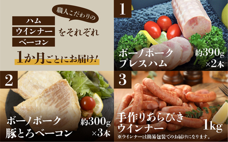 【定期便 3回】飛騨味職人「ボーノポーク満喫定期便」定期 毎月 3カ月 贈答 ギフト ウインナー ハム ベーコン おさだ食品 下呂市 下呂【57-E】