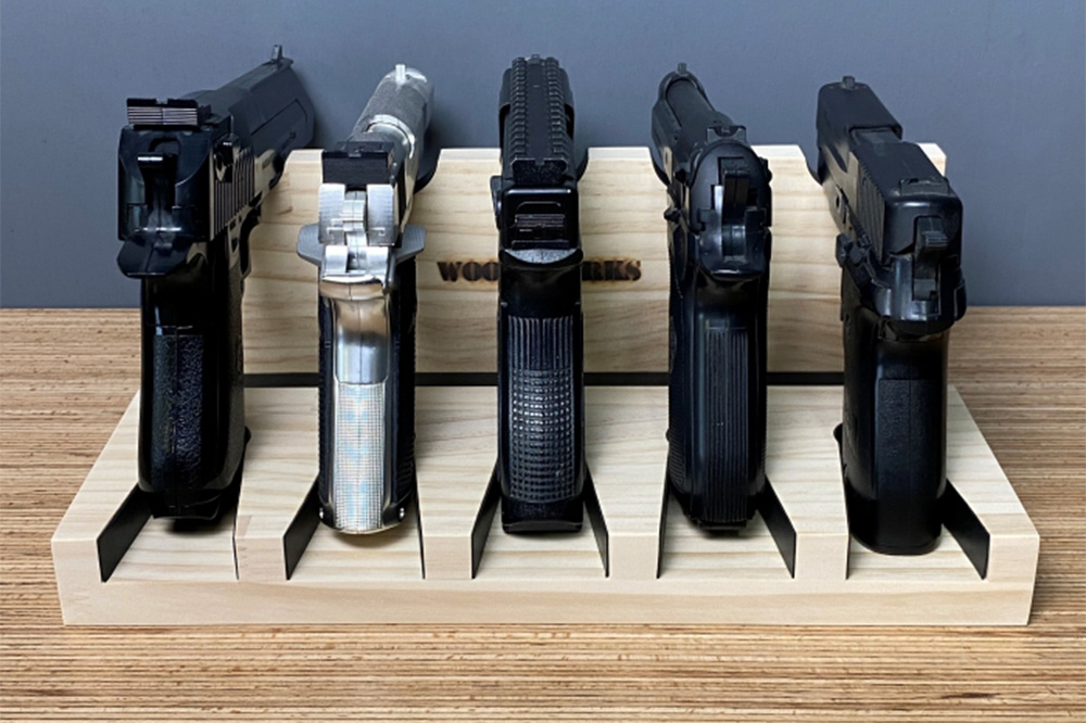 ガンスタンド 5丁掛【本体：ナチュラル】 [WOOD WORKS ウッドワークス 日本製 ハンドガン ガンラック サバゲー ミリタリー エアガン 電動ガン ガスガン 飾る 収納 インテリア]