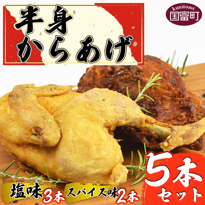 【ふるさと納税】全国からあげグランプリ4年連続金賞受賞＜半身からあげ5本セット(塩味×3本 スパイス味×2本)＞※入金確認後、準備でき次第翌々月までに順次発送 鶏肉 唐揚げ おつまみ 米粉 クリスマス 食べ比べ 宮崎かしわや 平和食品工業 宮崎県 国富町 0032_hi【冷凍】