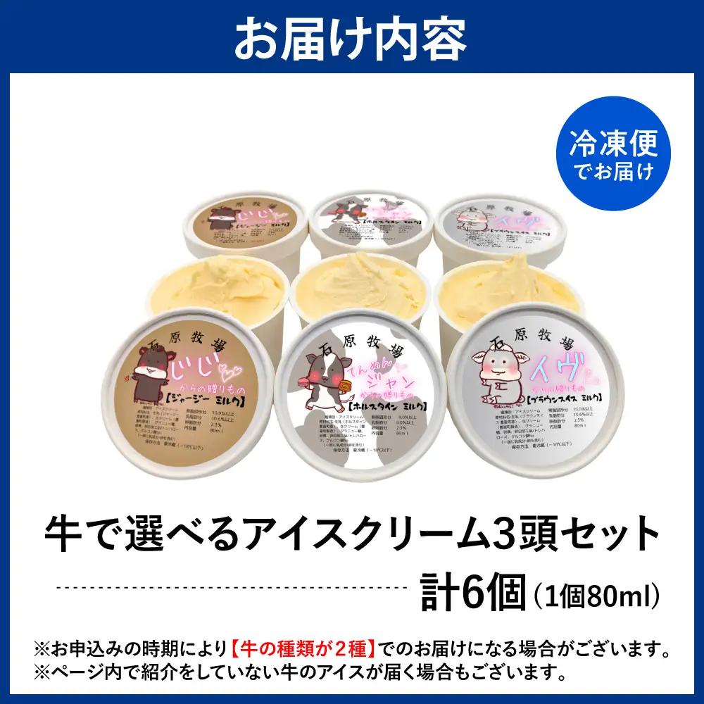 牛で選べるアイスクリーム80ml×6個《牛3頭セット、品種2～3種》