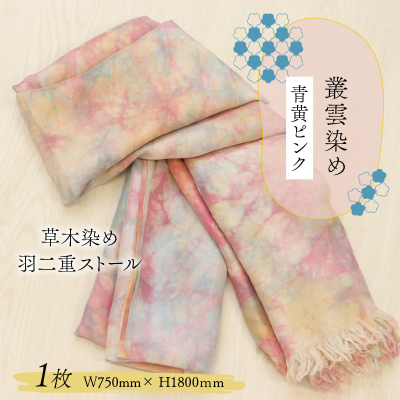 草木染め羽二重ストール 青黄ピンク 叢雲染め [C-053006]