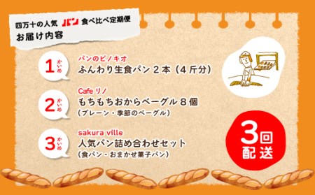 39210-999-9010．【3回定期便】ふんわり・もっちり美味しい！四万十の人気パン食べ比べ定期便［第2弾］