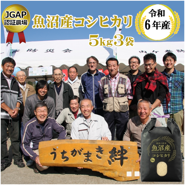 U42P354 【令和6年産】JGAP認証農場 魚沼産コシヒカリ 5kg×3袋 うちがまき絆 白米 魚沼 米