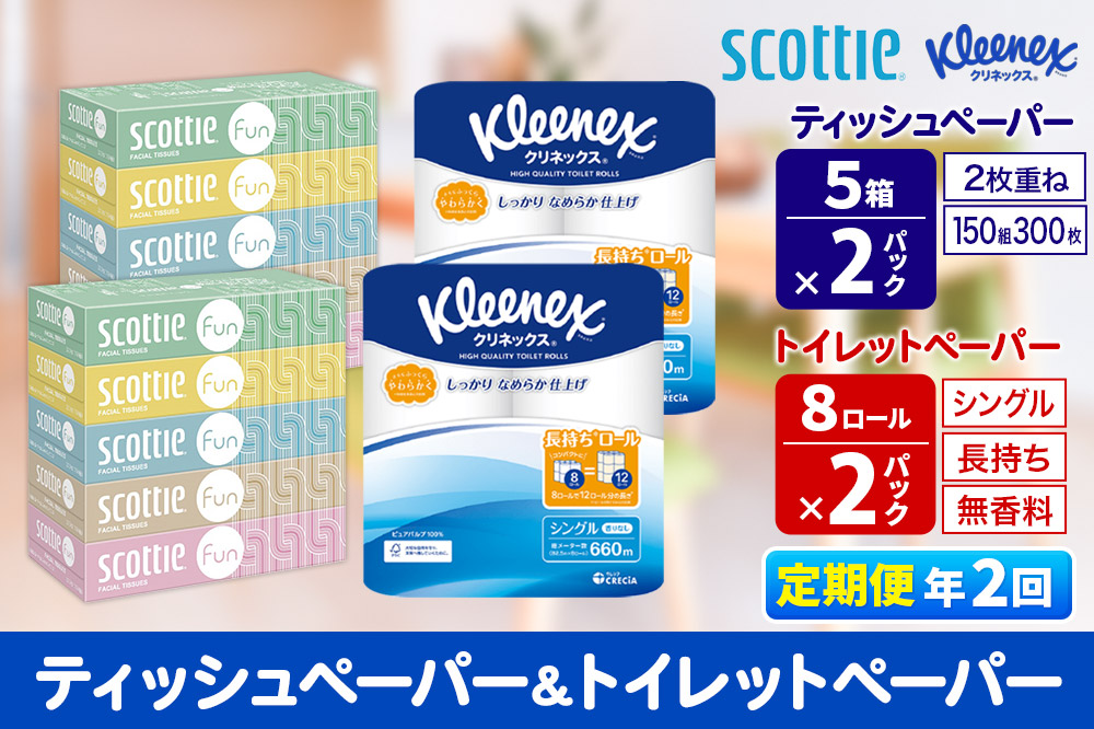 《6ヶ月ごとに2回お届け》定期便 クリネックス トイレットペーパー 長持ちロール シングル 8ロール×2パック ＆ ティッシュペーパー スコッティ ファン 150組 5箱×2パック 秋田市オリジナル【レビューキャンペーン中】