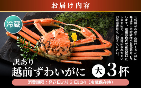 【先行予約】【訳あり】 茹で「越前ズワイ蟹」 大 3杯 脚折れ 【2024年11月発送分】【わけあり ワケアリ カニ かに 蟹 越前ガニ 越前蟹 ずわいがに ズワイガニ ズワイ ボイルガニ 姿 ボイル