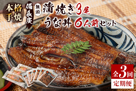 ＜4ヵ月に1回お届け＞新仔!!味鰻の本格手焼備長炭蒲焼 3尾（無頭）・うな丼6人前セット×3回定期便【F102-2311】