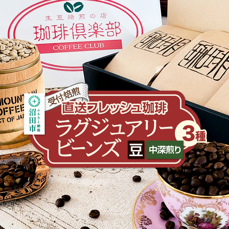 《受付焙煎》直送フレッシュ珈琲 ラグジュアリービーンズ【豆／中深煎り】各200g×3種 計600g 珈琲倶楽部 沼田店 [コーヒー 珈琲 coffee]