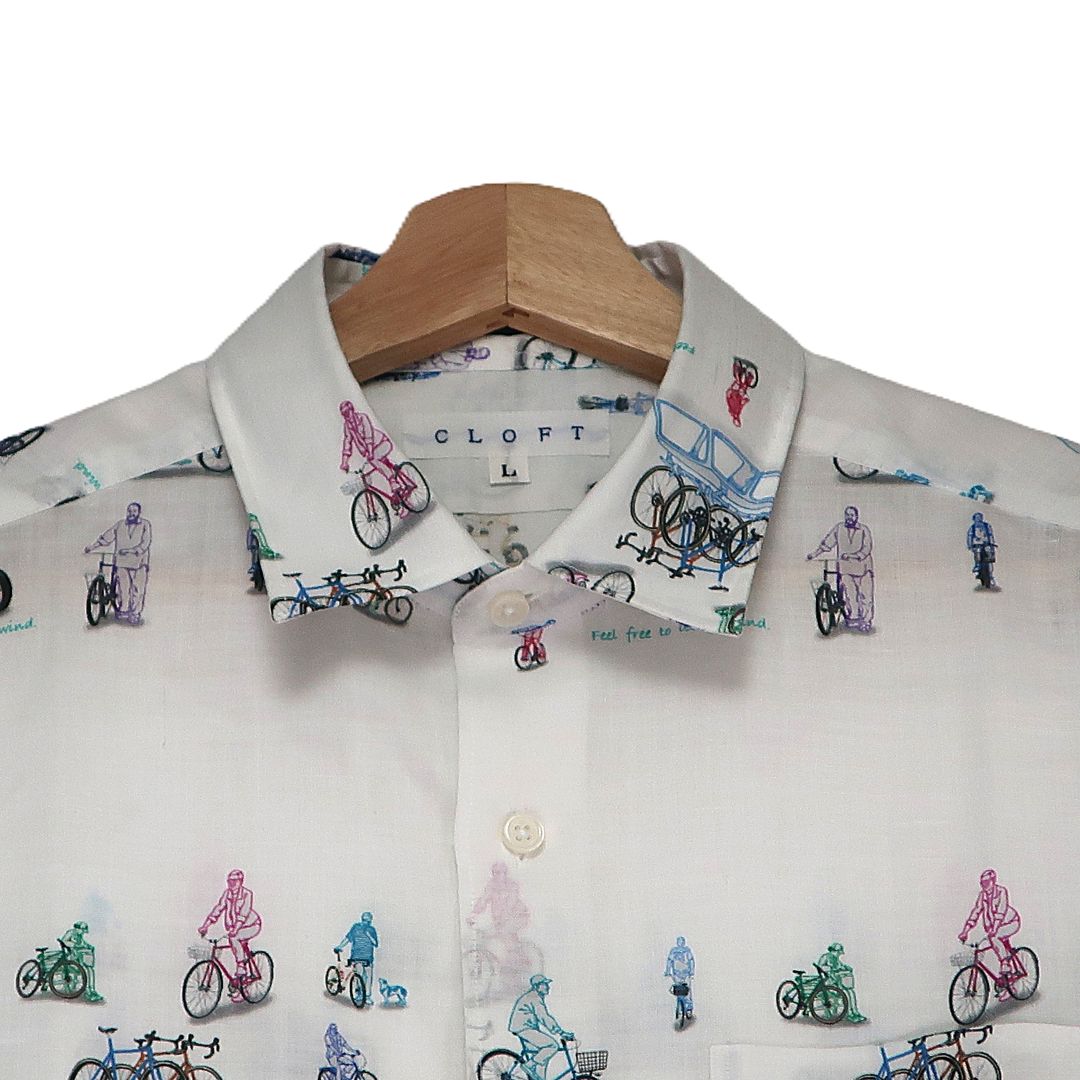 CLOFT 麻100％半袖シャツ”地図を捨てて、風になる。”自転車柄 (C/#11 ホワイト) XL