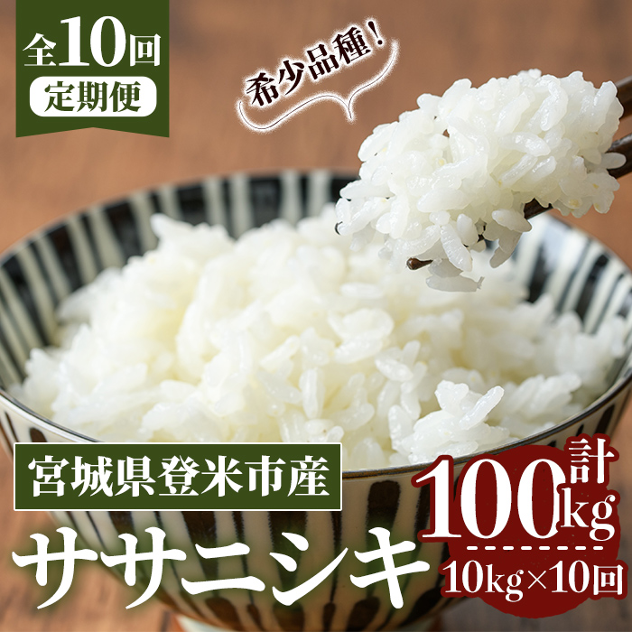 ≪令和7年産≫【10回定期便】ササニシキ 計100kg (10kg×10回配送) 登米市産 お米 おこめ 米 コメ 白米 ご飯 ごはん おにぎり お弁当 10か月 頒布会【登米ライスサービス株式会社】tm494