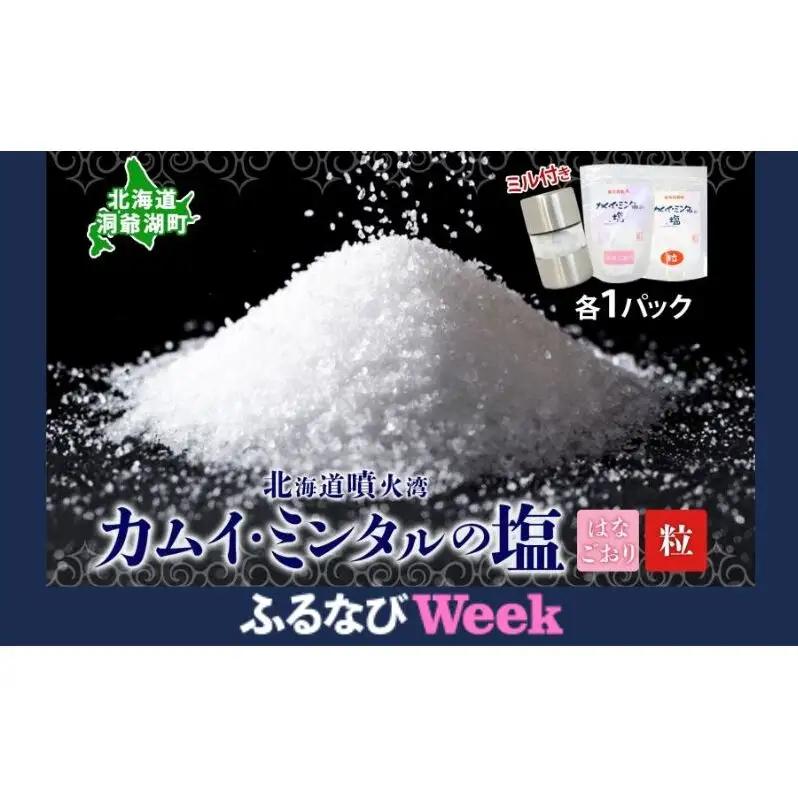 【ふるなびWEEK対象】カムイミンタル はなごおり 粒 各1パック ミル付き カムイミンタル 塩 お塩 調味料 肉料理 ステーキ 酒 ミネラル ソルト salt 自然塩 薪釜 プレーンソルト プレーン粗塩 塩むすび 塩ゆで パン生地 お取り寄せ 北海道 洞爺湖町