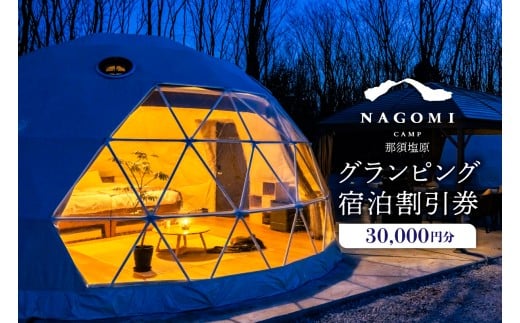 NAGOMI CAMP那須 グランピング宿泊割引券 30,000円分 ns128-001-30000【 グランピング 宿泊 割引券 チケット プライベート ピザ作り 体験 貸切 サウナ ドームテント バーベキュー 飲み放題 キャンプ こども 親子 ペット泊 わんこ ワンちゃん ピッツァ ジュース アルコール お酒 グリル 】