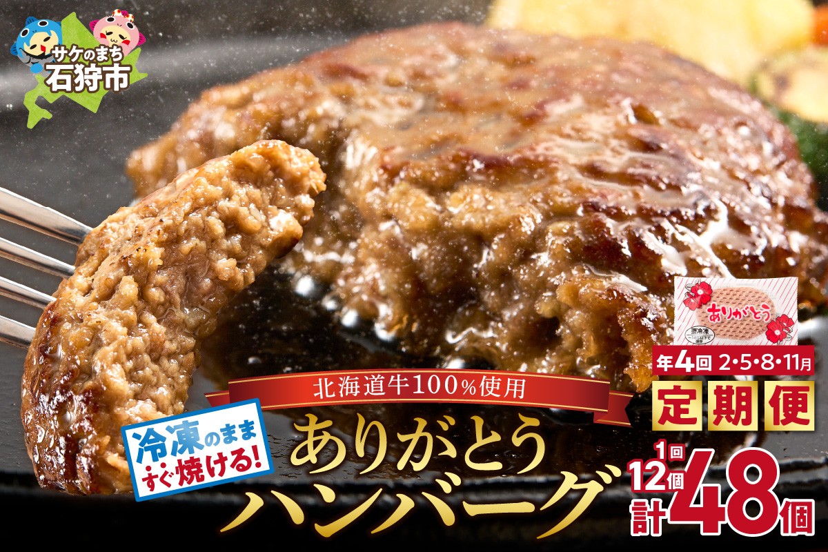
            【定期便4回】北海道産ありがとうハンバーグ90g × 12個 定期便 ふるさと納税 石狩市 北海道 牛肉100％ 国産牛100% 人気  お肉 お中元 プレゼント お弁当 冷凍庫で場所とらない 小分け 個包装 ホクビー 穴の開いたハンバーグ
          