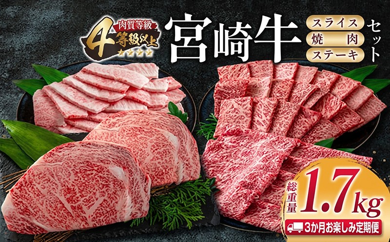 
                  3か月 お楽しみ 定期便 宮崎牛 スライス 焼肉 ステーキ セット 総重量1.7kg 牛肉 ビーフ 黒毛和牛 国産 ブランド牛 食品 ロース バラ モモ すき焼き しゃぶしゃぶ ご褒美 お祝い 記念日 おすすめ お取り寄せ グルメ 宮崎県 日南市 送料無料_JB2-23
                