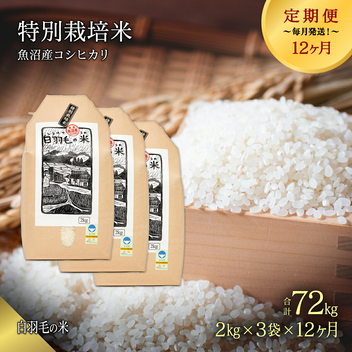 【ふるさと納税】【通年受付】≪令和7年産 ≫【定期便／全12回】農家直送！魚沼産コシヒカリ特別栽培「白羽毛の米」精米(2kg×3袋)×12回 72kg お米 　お届け：10月1日から発送開始。入金の翌月以降発送。通年受付にて、月1回全12回お届けいたします。