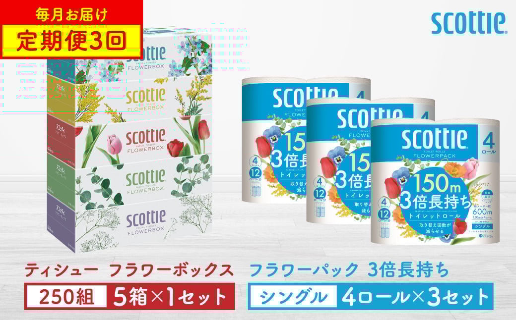 
            【定期便3回】【毎月1回お届け】【スコッティ】ティシュー フラワーボックス 250組（5箱パックx1セット）＋フラワーパック 3倍長持ち（4ロール(シングル)パックx3セット）ティッシュ トイレットペーパー 日用品
          