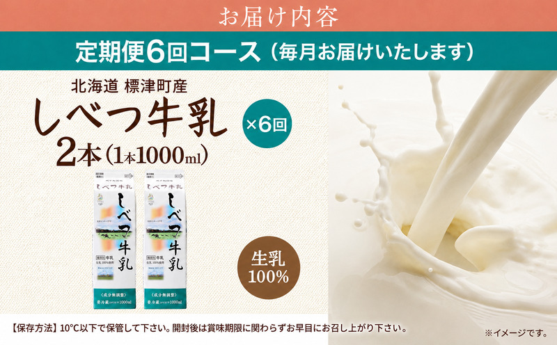 【全6回定期便】【毎月2本】 しべつ牛乳 1L × 2本 北海道産 パックミルク 定期便 牛乳 乳製品 生乳 生乳100% 国産 ミルク みるく ぎゅうにゅう 乳 標津 しべつ 成分無調整 無調整 1