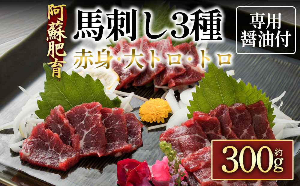 【阿蘇牧場】 馬刺し3種霜降り入（赤身・大トロ・トロ）300g（専用醤油付き150ml×1本）阿蘇育ち馬肉 熊本産馬刺し 自然放牧馬肉 高品質馬肉　 馬肉のプロ厳選 国産馬肉　父の日　熊本　阿蘇