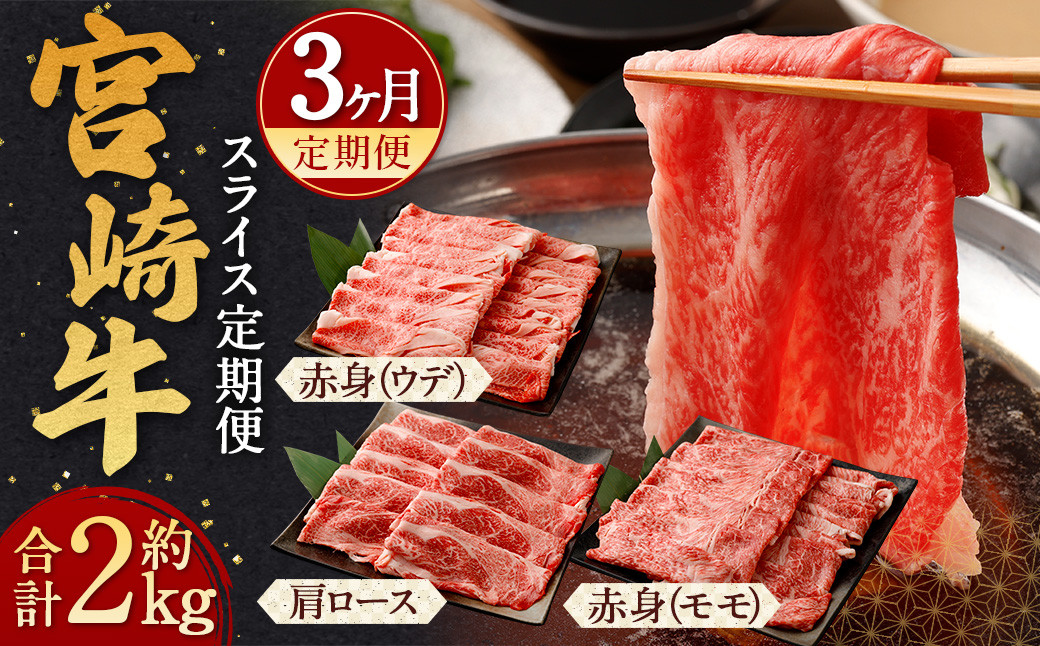 
                  ＜宮崎牛スライス定期便3回＞翌月下旬頃に第1回目発送（12月は中旬頃） 霜降り 赤身 すきしゃぶ 計2kg
                