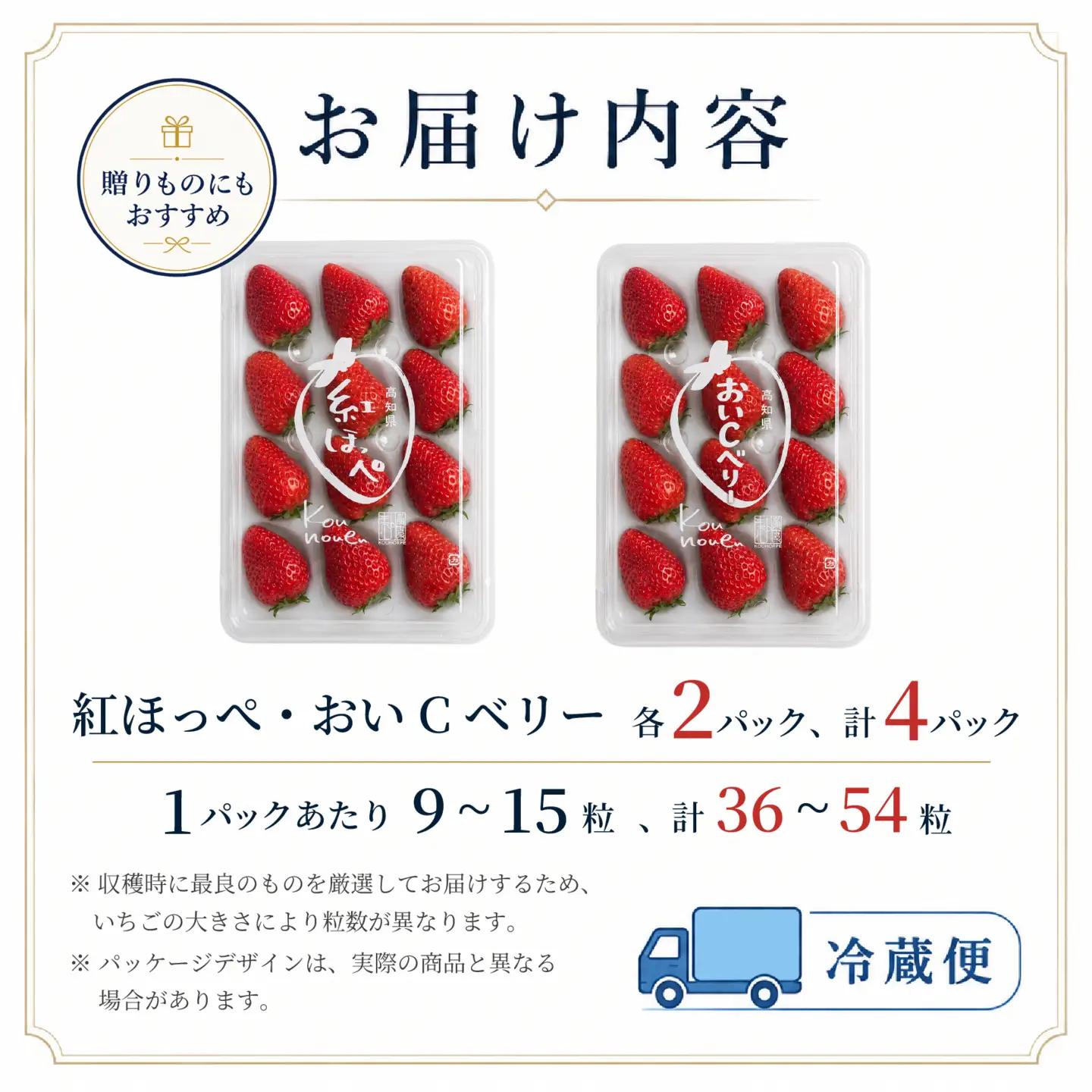 先行予約 いちご 苺 贅沢 食べ比べセット 紅ほっぺ おいCベリー 贈答品 計4パック：36～54粒 （2027年1月発送開始） | 厳選 贈り物 ギフト お取り寄せ 苺 いちご 大粒 南国市