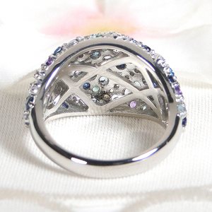 指輪 プラチナ リング PT900 ダイヤモンド 0.3ct パヴェ マルチカラー 青系 レディース ゴージャス ボリューム 幅広 贅沢 Pave ステンドグラス ジュエリー 【f295-b-pt】A