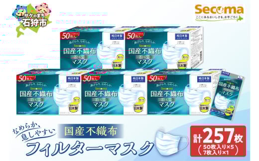 Secoma 肌ざわりなめらか 国産不織布フィルターマスク 50枚入×5+7枚入×1 計257枚