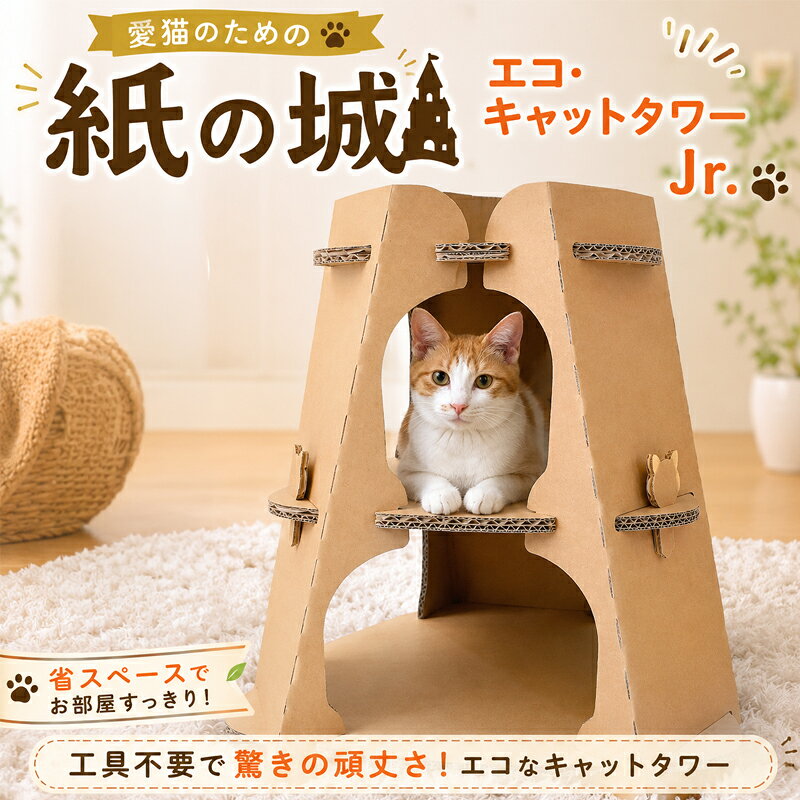 【ふるさと納税】エコ・キャットタワーJr.（段ボール製） ／ キャットタワー 段ボール ペット用品 猫用 組み立て簡単 室内遊具 軽量 爪とぎ 猫家具 多頭飼い 厚木市