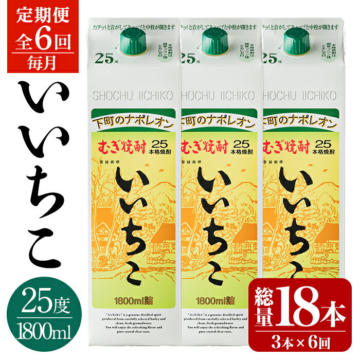 【ふるさと納税】＜定期便・全6回(連続)＞いいちこ 25度 パック(総量32.4L・計5.4L×6回)酒 お酒 むぎ焼酎 1800ml 麦焼酎 いいちこ 常温 三和酒類 紙パック コンシェルジュ 【206100201】【酒のひろた】