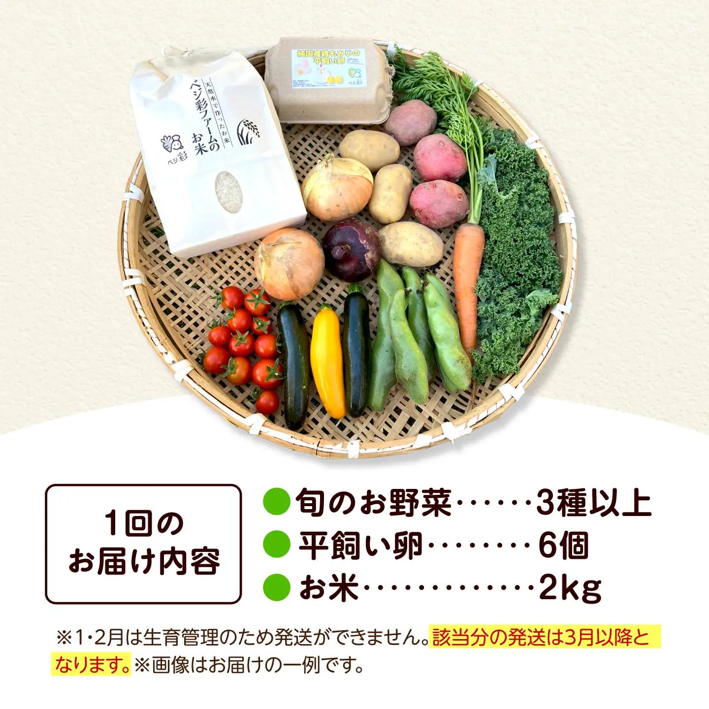 【全10回定期便/2026年10月以降発送】旬のお野菜3種類以上＆お米2kg＆平飼い卵セット 大阪府高槻市/ベジ彩ファーム[AOEJ018]