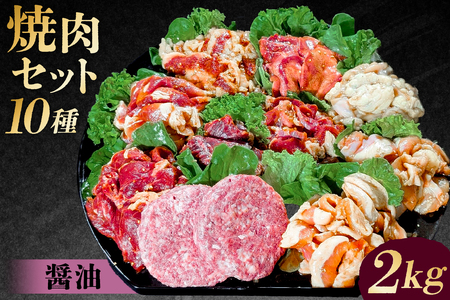 焼肉セット10種（醤油）【195010】味付け 醤油 簡単 2kg BBQ バーベキュー  牛タン 牛カルビ 牛ウデ 牛肩ロース 牛さがり 豚トロ ハンバーグ ホルモン 鶏もも 豚カルビ 小分け 冷凍保存
