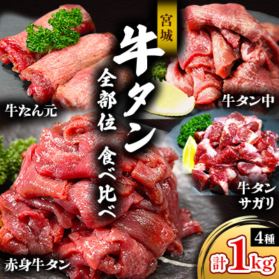 宮城 牛タン 全部位 食べ比べ(4種類)計1kgセット 特製 二日熟成 塩味【配送不可地域：離島】【1604089】