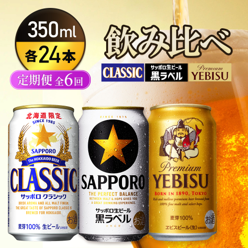 『飲み比べ定期便6回』サッポロクラシック・サッポロ黒ラベル・ヱビスビール 各350ml×24本【9300100018061121】