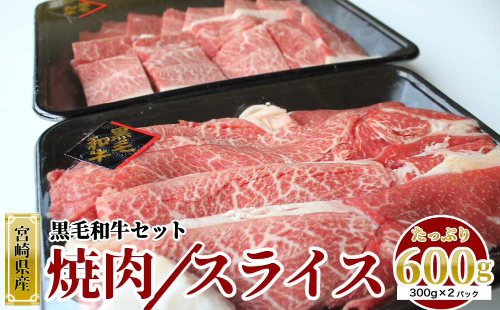 牛肉 黒毛和牛 宮崎県産黒毛和牛 焼肉 & スライス セット 各 300g ×2p 計 600g [マルミヤストア 宮崎県 美郷町 31ag0075] 肉 小分け 冷凍 牛 すき焼き 焼肉 赤身 牛ウデ 牛モモ 薄切り 和牛 肉 しゃぶしゃぶ 牛しゃぶ