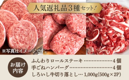 【牧場直送】人気返礼品詰め合わせ！牛肉100%ふんわりロールステーキ 4個＆手ごねハンバーグ 4個＆しろいし牛 切り落とし 1000g【有限会社佐賀セントラル牧場】[IAH129]