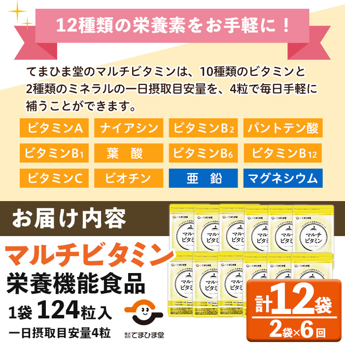 No.1279-B ＜定期便・全6回(隔月)＞マルチビタミン(2袋×6回・計12袋) 鹿児島 日置市 健康食品 サプリ 栄養バランス マルチビタミン ミネラル 亜鉛 マグネシウム 【てまひま堂】