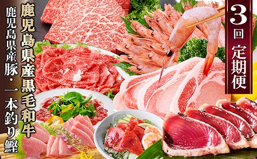 定期便(3ケ月配送)鹿児島県産黒毛和牛・豚肉・一本釣りかつお　LL-6038【1473524】 _ ふるさと納税 定期便 牛肉 豚肉 タカエビ 海老 黒毛和牛 黒豚 ハンバーグ カツオ タタキ 刺身 焼肉 すき焼き テキカツ 海鮮丼