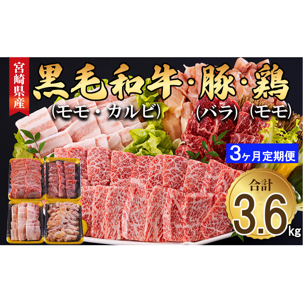 牛肉 3回 定期便 宮崎県産 焼肉 セット 黒毛和牛カルビ 豚バラ 若鶏モモ 各 300g 計 1.2kg ×3回 [サンアグリフーズ 宮崎県 美郷町 31ba0036] 小分け 冷凍 BBQ