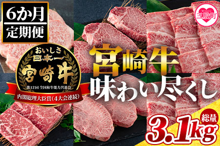 ＜【6ヶ月定期便】総重量3.1kgの宮崎牛味わい尽くし＞すき焼き、しゃぶしゃぶ、焼肉など【MI076-my】【ミヤチク】