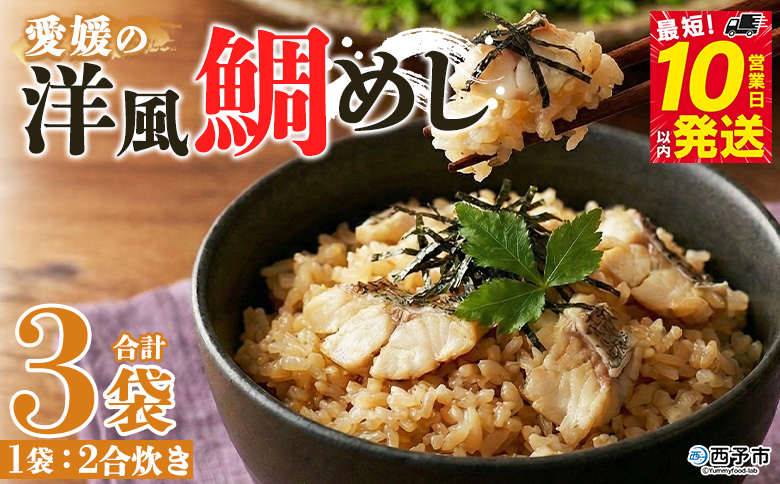 ＜愛媛の洋風鯛めしセット 3袋＞『最短10営業日以内に順次発送予定』鯛 真鯛 まだい マダイ 天然真鯛 郷土料理 丼 魚介 海の幸 海鮮 炊き込みご飯 洋風 バター 出汁たれ 切り身 切身 国産 2合炊き お取り寄せ グルメ YNコーポレーション 愛媛県 西予市【冷凍】