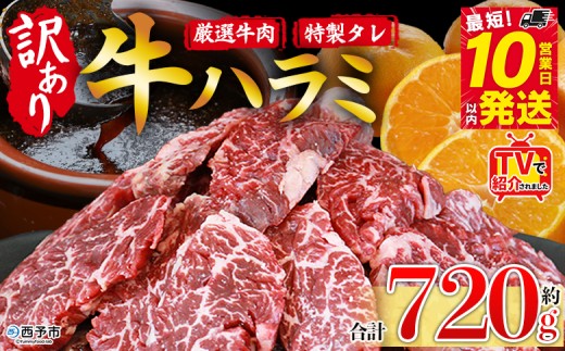 TVで紹介！＜秘伝の特製タレ仕込み！やわらか味付き 牛ハラミ 約720g（360g×2）＞ テレビ TV 訳あり はらみ ハラミ 赤身 大容量 牛肉 お肉 焼肉 BBQ 味付き タレ漬け 甘辛 レシピ 丼 献立 惣菜 おかず 簡単 グルメ 株式会社丸和 愛媛県 西予市【冷凍】『最短10営業日以内に順次出荷』