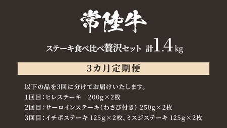【 3ヶ月定期便 】【 常陸牛 】 ステーキ 食べ比べ 贅沢 セット 計1.4kg （ 茨城県共通返礼品 ) 牛肉 肉 牛 国産 和牛 ヒレ ヘレ サーロイン イチボ ミスジ すてーき 定期便 3ケ月