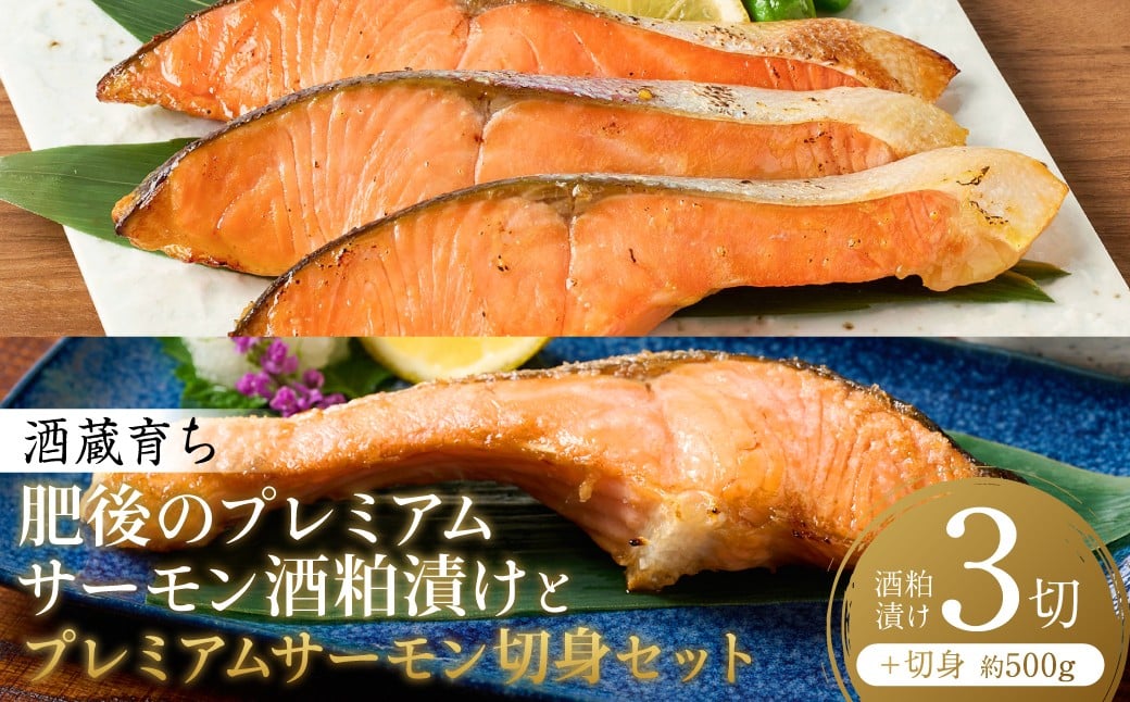 
                  酒蔵育ち 肥後のプレミアムサーモン 酒粕漬け 3切×1パック と プレミアムサーモン切身 約500g セット サーモントラウト 銀鮭 酒粕漬け 酒粕 赤酒 切身 切り身 和食 魚 おかず 熊本県 八代市
                