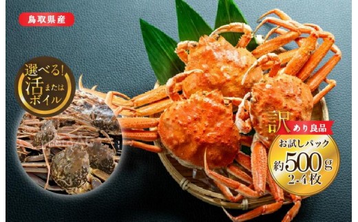 
                  【選べる！活またはボイル】鳥取県産 訳あり 良品セコガニ お試しパック 約500ｇ（2～4枚）※2026/11/6～2026/12/29に順次発送予定※着日指定不可  離島不可（北海道、沖縄本島は配送可能） ｜ 蟹 かに せこがに 訳あり 家庭用 鳥取県産 おすすめ 人気
                