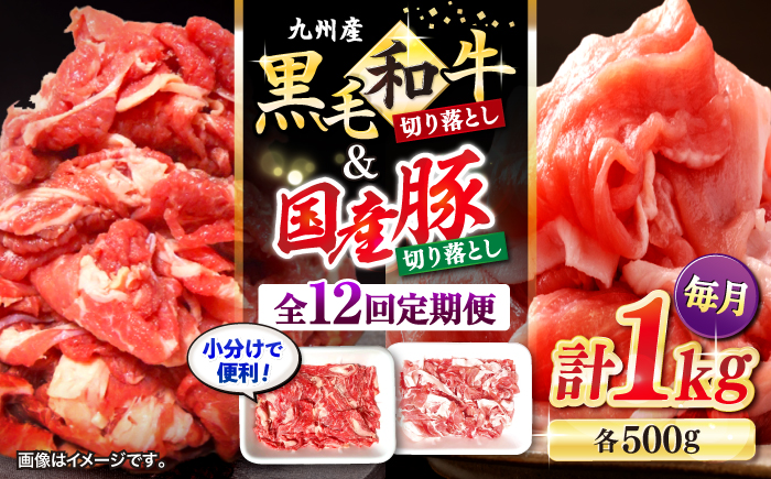【12回定期便】【迷ったらこれ！】九州産黒毛和牛 国産豚 切り落とし 計12kg（約1kg×12回） ＜宮本畜産＞ [CFA021]