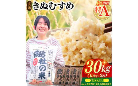 【令和7年産米】特Aきぬむすめ【玄米】30kg 定期便（15kg×2回）岡山県総社市〔令和7年12月・令和8年2月配送〕25-060-023
