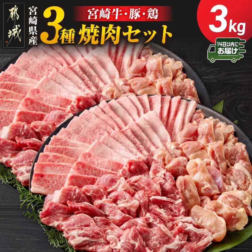 宮崎県産≪宮崎牛・豚・鶏≫3種の焼肉セット300g×10パック≪みやこんじょ快速便≫_28-89-003-3kg-R_(都城市)  宮崎県産 焼肉セット 宮崎牛バラ 豚肉(ロース又は肩ロース) 鶏モモ肉